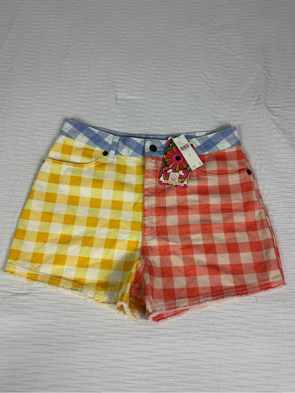 FARM Rio Two-Tone Gingham Jean Shorts - Yellow & Coral